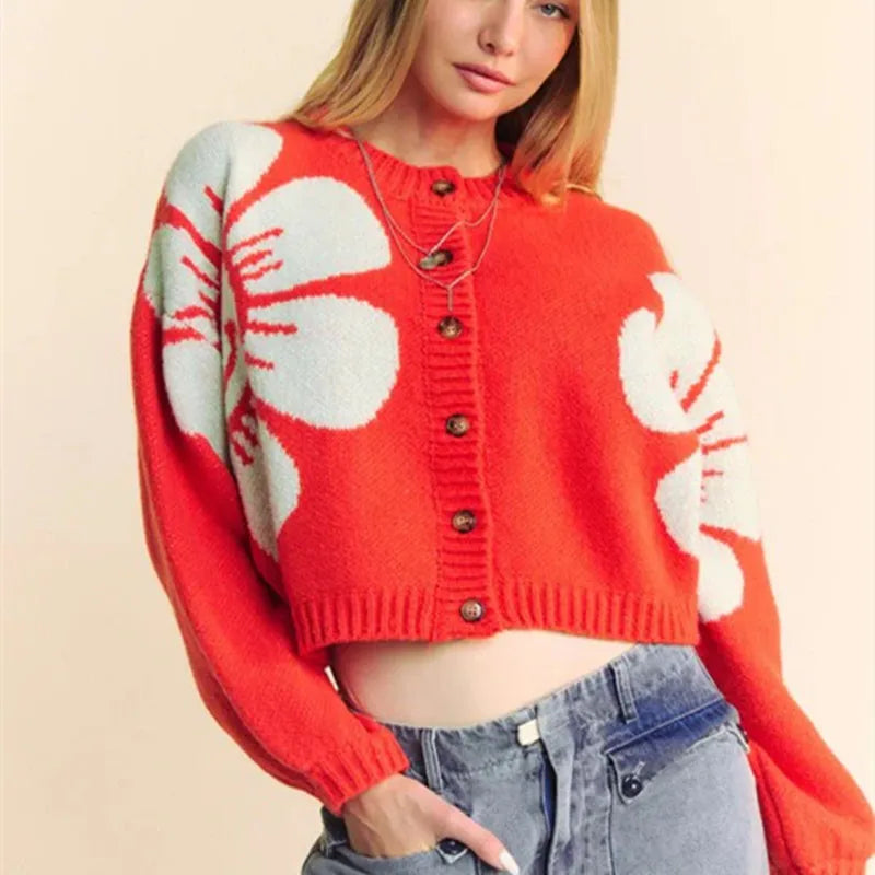 Women's Autumn Winter Sweater Cardigan Fashion Long Sleeve O Neck Button Up Flower Print Knitwear Vintage Streetwear