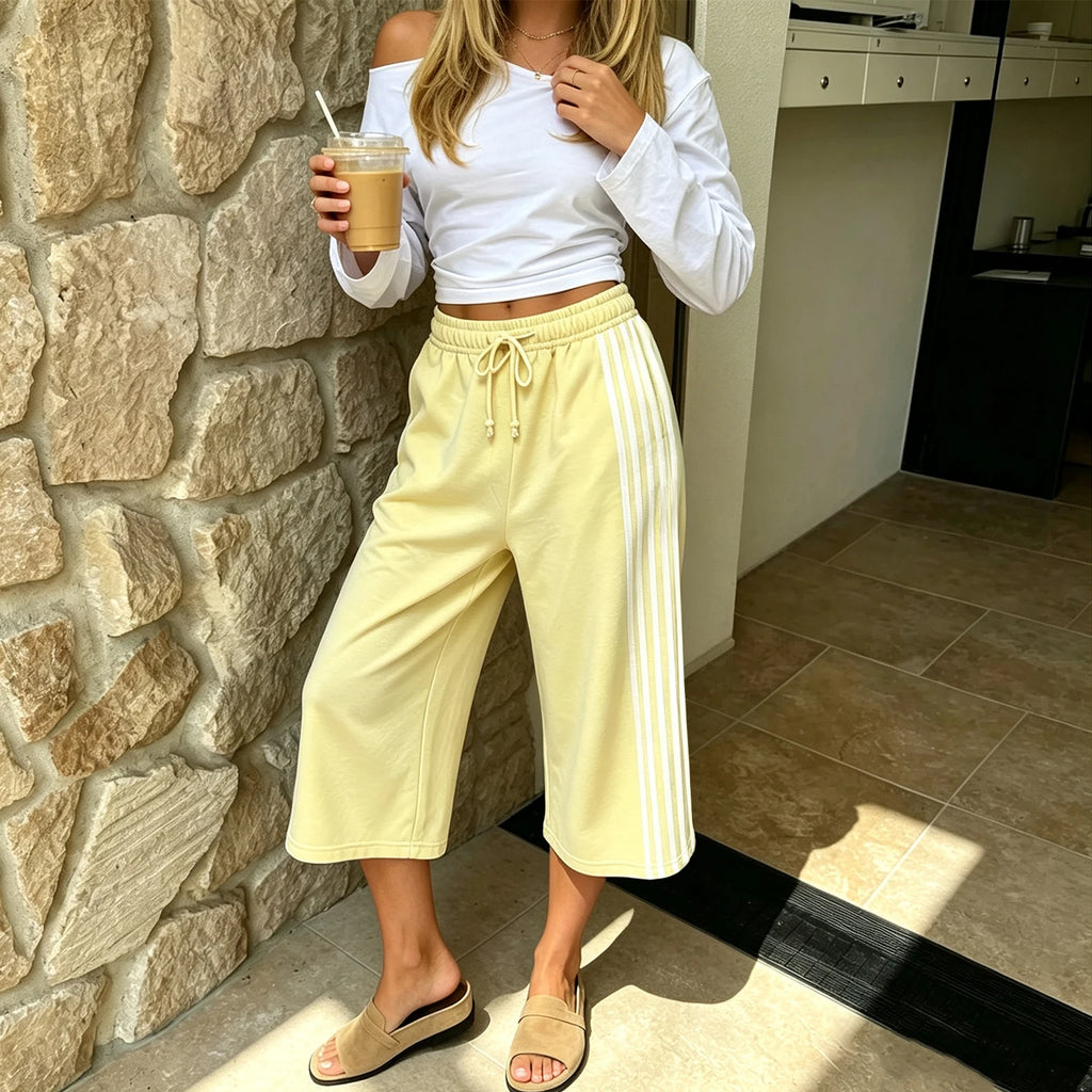 VacationGrabs Women Side Stripes Capri Sweatpants Drawstring Elastic Waist Loose Knee Length Casual Sports Cropped Jogger Pants