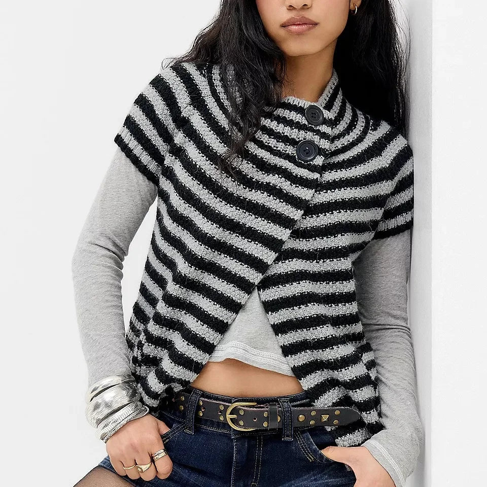 VacationGrabs Knitted Sweater Cardigan Tee Round Neck Short Sleeve Women's Breathable Soft Button Decorated Loose Fit Jumper Top