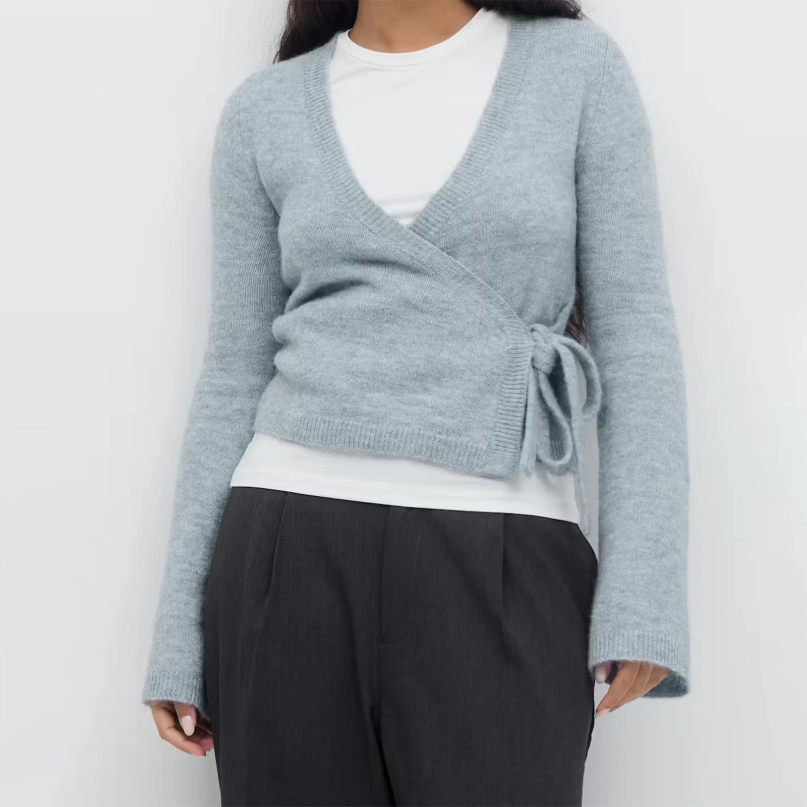 VacationGrabs Wrap Sweater Tops for Women Lightweight Side Tie Front Ballet Wrap Cardigan Elegant V Neck Fitted Cropped Sweaters
