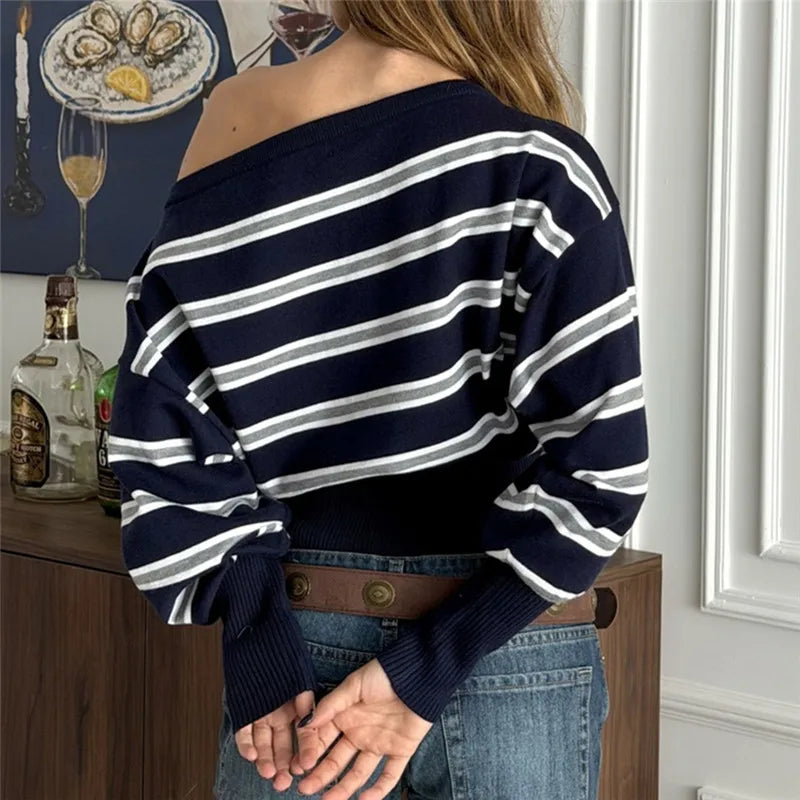 VacationGrabs Vintage Stripe Asymmetrical One Shoulder Knit Top Women Batwing Sleeve Ribbed Hem Cropped Sweater Winter Fall Streetwear