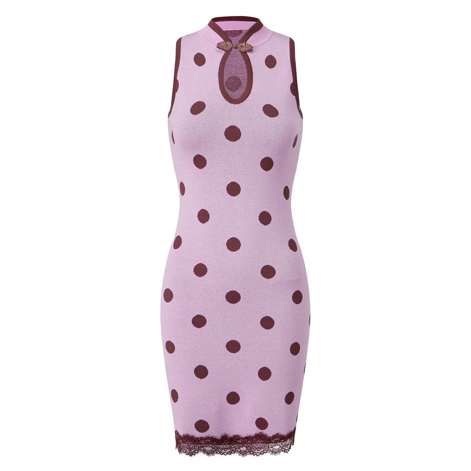 VacationGrabs Knit Polka Dot Bodycon Mini Dress Women Sleeveless Halter Qipao Collar Keyhole Cutout Lace Hem Slim Short Pencil Dress