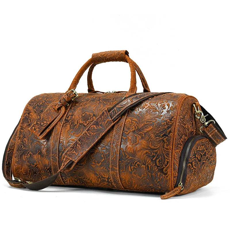 Genuine Cowhide Leather Travel Duffle Bag Men’s Weekend Bag Shoe Pocket - VacationGrabs