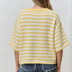 VacationGrabs Women Contrast Stripe Plush Mohair Knit Cardigan Round Neck Button Front Half Sleeve Loose Fit Cropped Knit Jacket Fall