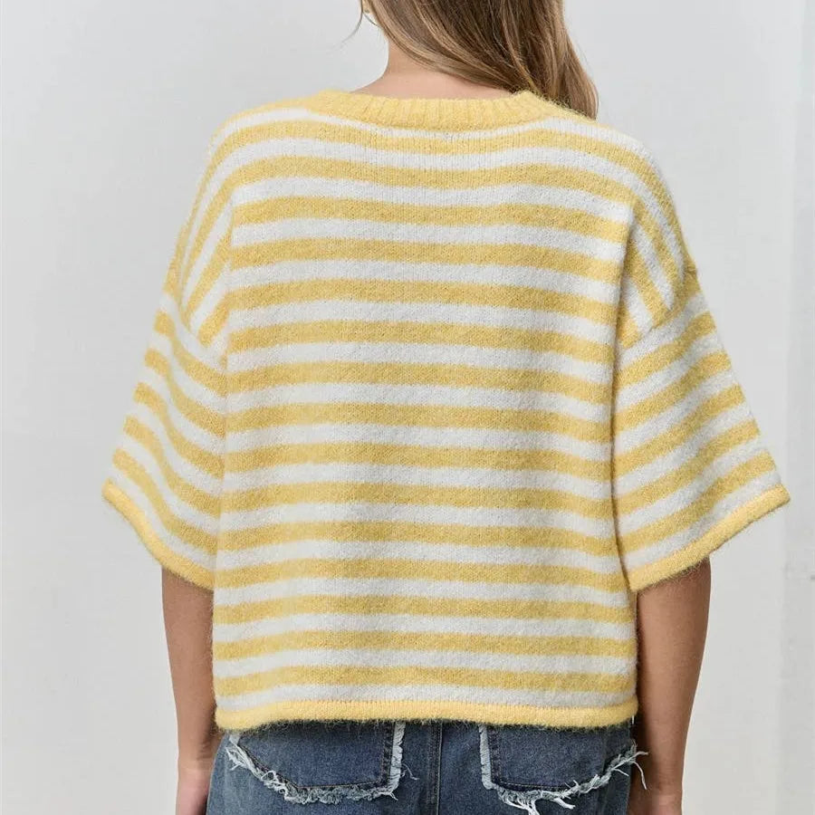 VacationGrabs Women Contrast Stripe Plush Mohair Knit Cardigan Round Neck Button Front Half Sleeve Loose Fit Cropped Knit Jacket Fall