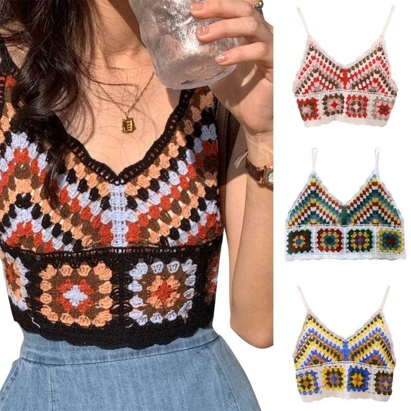 Womens Summer Crochet Knit Crop Top Embroidered Color Block - VacationGrabs