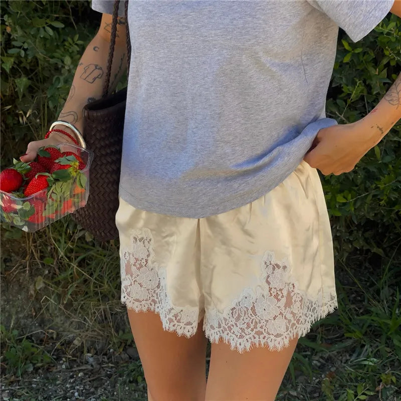 VacationGrabs Women Satin Silk Lace Trim Shorts Silky Low Rise Boxer Shorts Y2k Teen Girls Cute Y2K Coquette Lounge Slip Bottoms