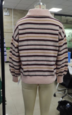 VacationGrabs Women Y2K Striped Sweater Long Sleeve Color Block Lapel V Neck Knit Jumper Tops Winter Warm Oversized Sweater