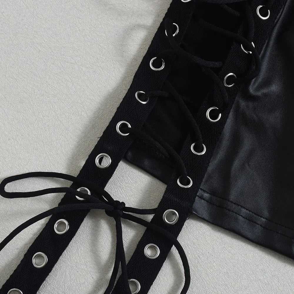 VacationGrabs Y2K Gothic One Shoulder Single Sleeve Faux Leather Dress Side Lace Up Cutout Ruched Bodycon Mini Dress Party Clubwear