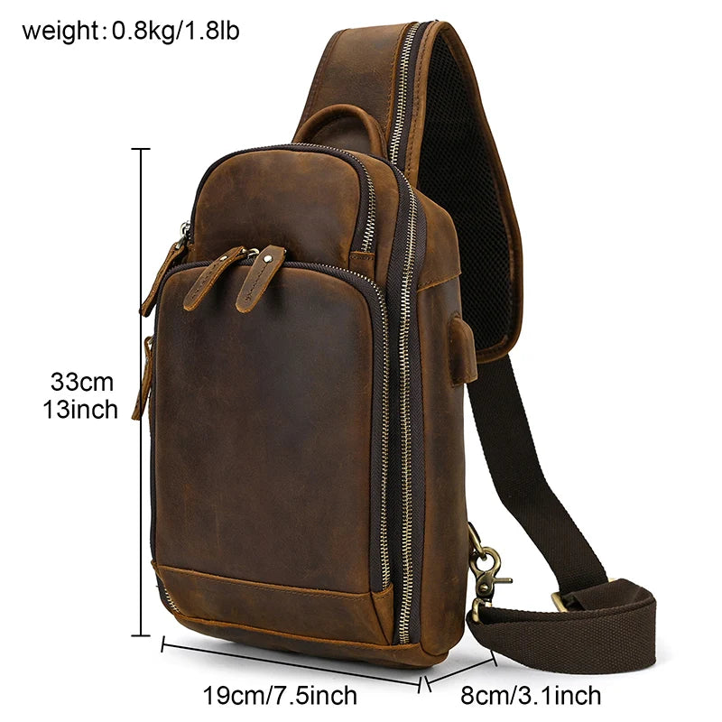 Leather Chest Bag Usb Charging Port  Men's Cross Body Bag Genuine Leather Chest Pack Single Shoulder Bag For Man Male Vintage