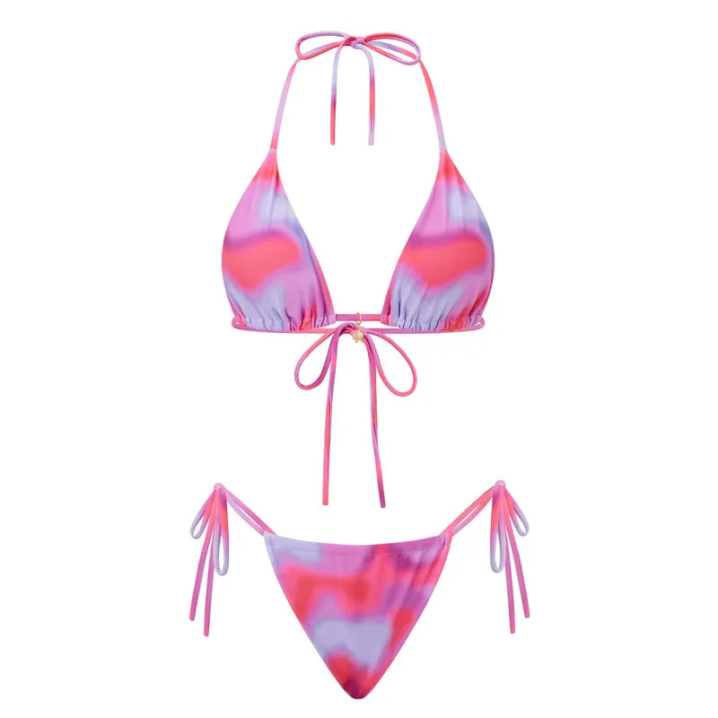 VacationGrabs Women 2 Pieces Bikini Swimsuit Spaghetti Strap Top Tie Side Triangle G-Thong Bathing Suit Beach Holiday Swimwear