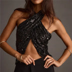 VacationGrabs Women's Summer Halter Neck Tops Sparkly Sequin Sleeveless Open Back Slim Fit Vest for Party Club Night Wear