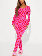VacationGrabs Women Valentines Sexy Heart Print Long Sleeve Slim Fit Romper Pajamas Holiday Bodycon Button Up Jumpsuit Cute Pjs