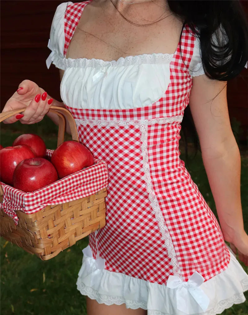Sweet Girl Vintage Plaid vestidos para mujer Y2K Gingham Mini Dress Women Puff Short Sleeves Lace Trim Bows Babydoll Dress