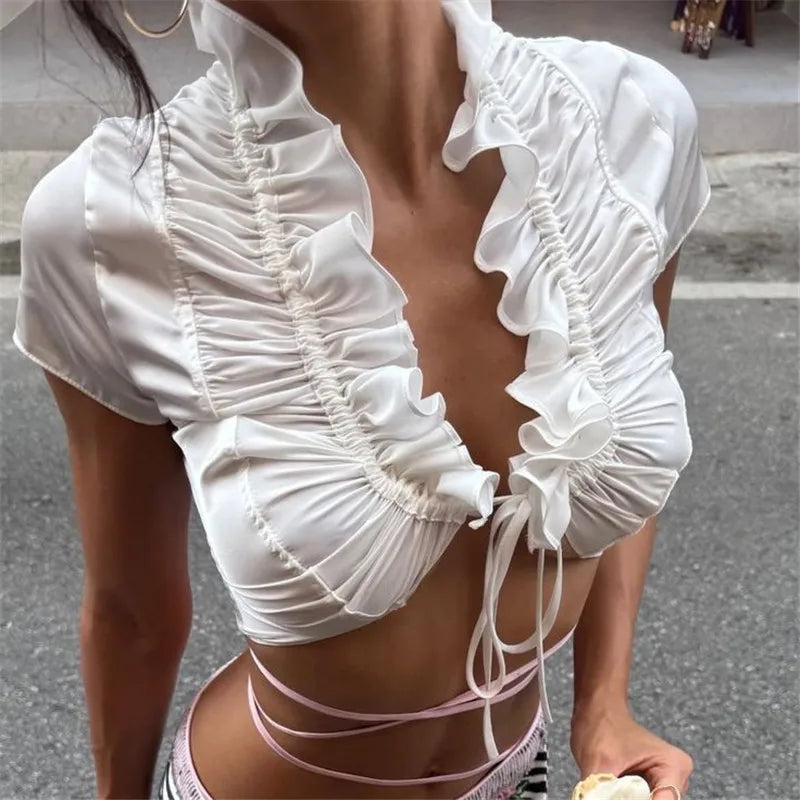 Y2K Sexy White Ruffle Trim Crop Top Women Tie Front Short Sleeve Satin Blouse Coquette Aesthetic Clubwear Party Night Out Tops