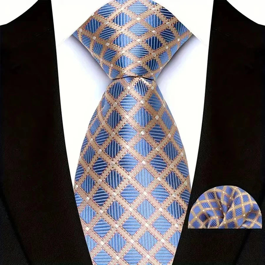 Men Tie Hankerchief Set Plaid & Checks 8CM Necktie Pocket Square Cravat for Male Wedding Party Business Gift Accessories