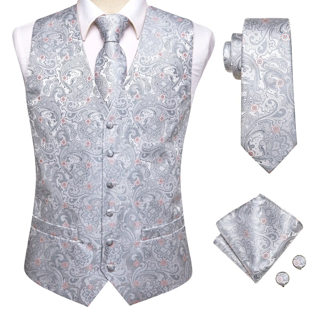 Silver paisley necktie set with vest for formal occasions, how to tie