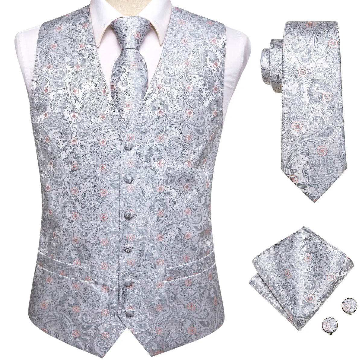 Silver paisley necktie set with vest for formal occasions, how to tie