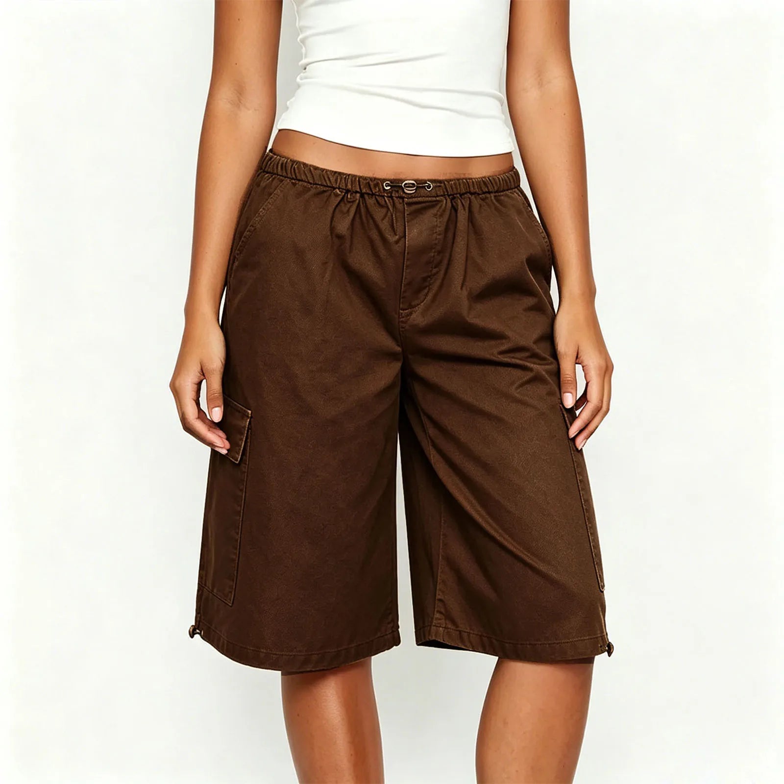 VacationGrabs Women's Knee Length Cargo Shorts Elastic Drawstring Waist Loose Fit Bermuda Capris with Pockets Casual Streetwear Summer