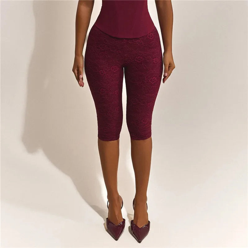 Y2K Floral Lace Capri Pants Women High Rise Slim Fitted Knee Length Leggings Mesh Sheer Cropped Trousers Night Club Party Outfit