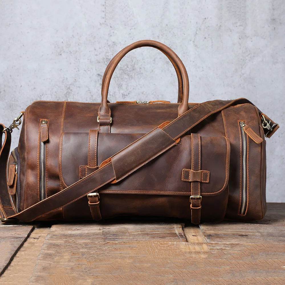 Large 58cm Genuine Leather Travel Bag Shoulder Bag with Shoe Compartment - VacationGrabs