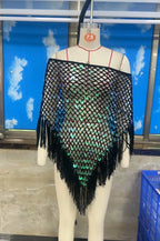 VacationGrabs Women's Tassel Knit Ponchos Fashion Sequin Off One Shoulder Loose Fit Crochet Shrug Shawl for Casual Beach Wear