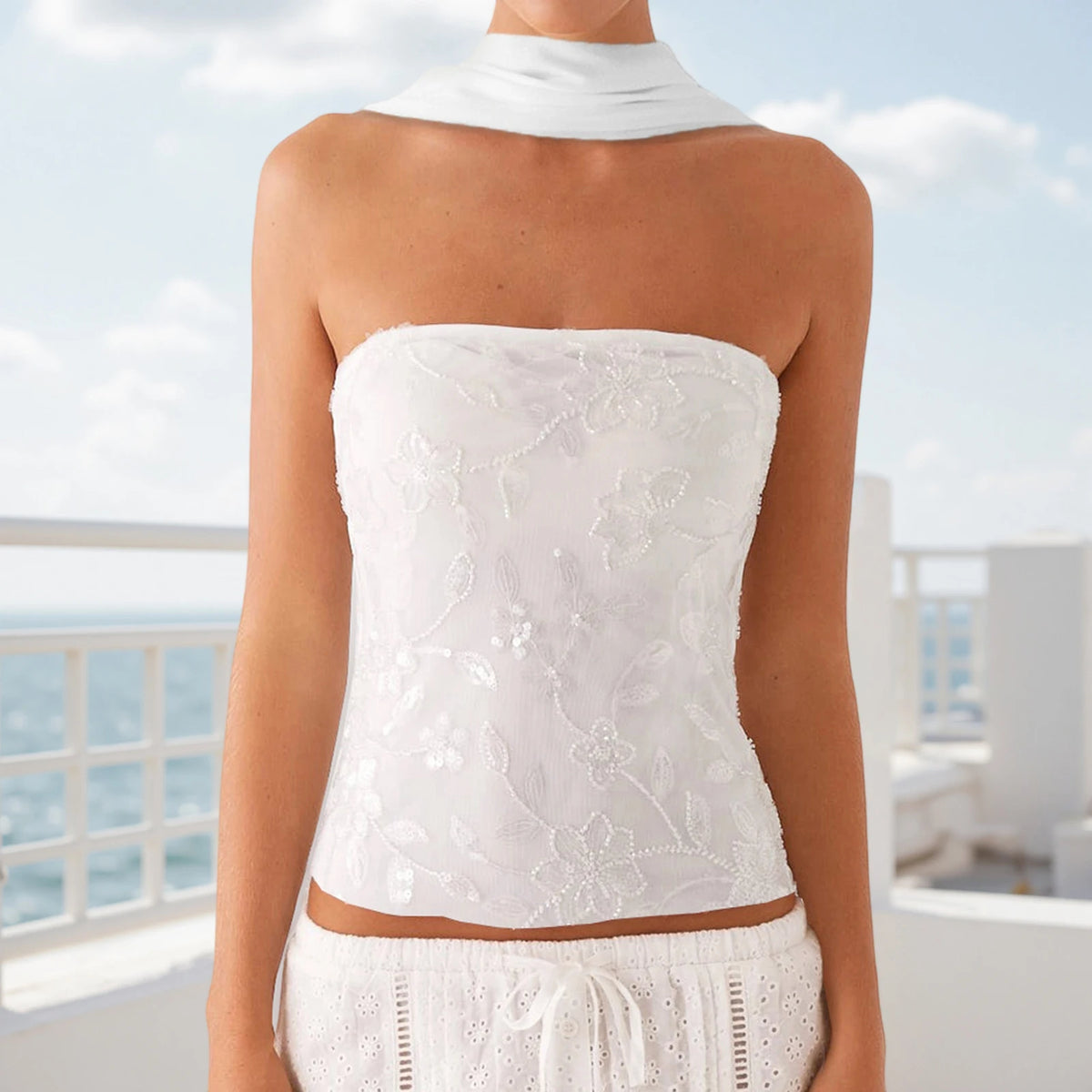 Sequin Beaded Backless Crop Tank Top with Scarf