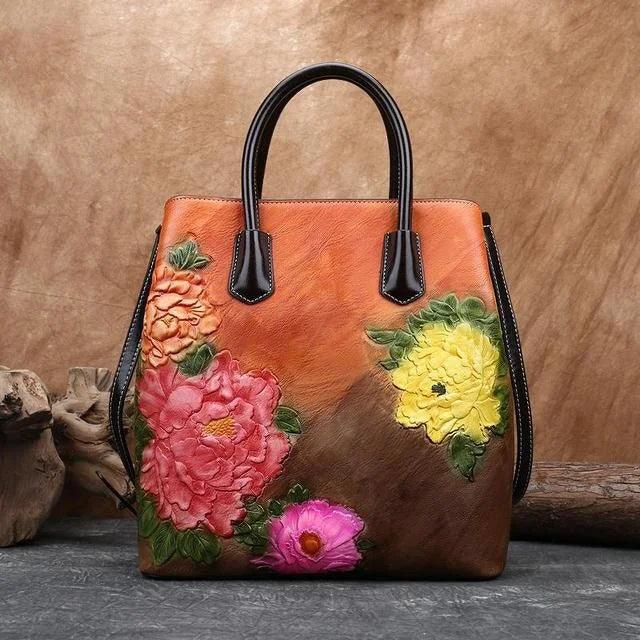 Wallets, Handbags & Accessories Handmade Floral Embossed Leather Handbag Tote Bag Luxury Shoulder Bags