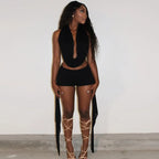 Women Summer 2 Piece Outfits Stylish Solid Color Sleeveless Halter Cowl Neck Tops and Hot Shorts Set for Club Party Wear