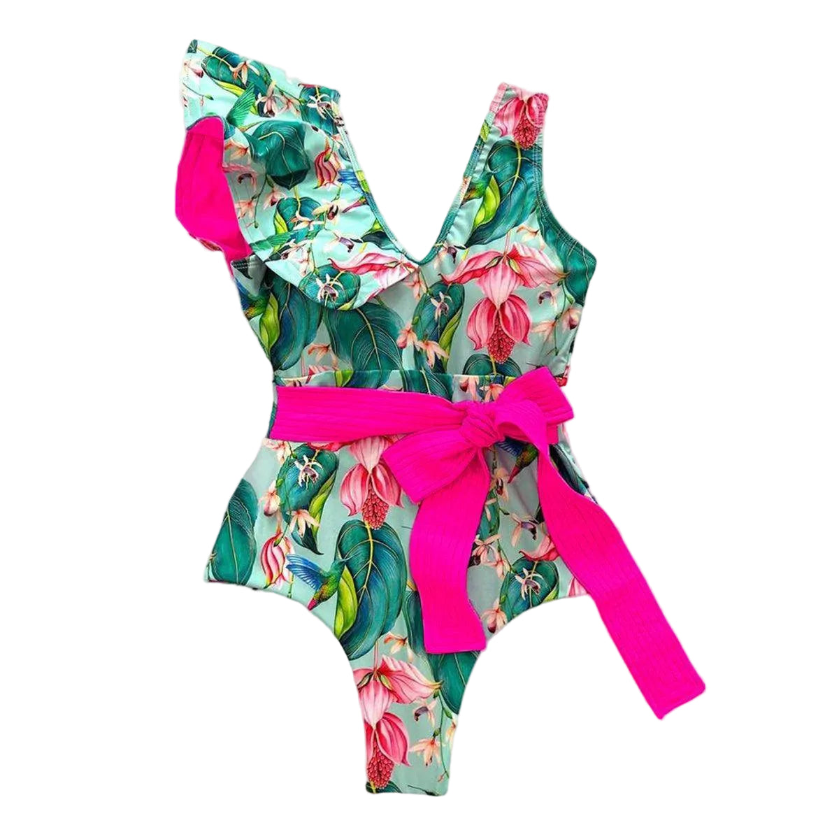 Ruffle Print Floral One Piece Slimming Swimwear - VacationGrabs