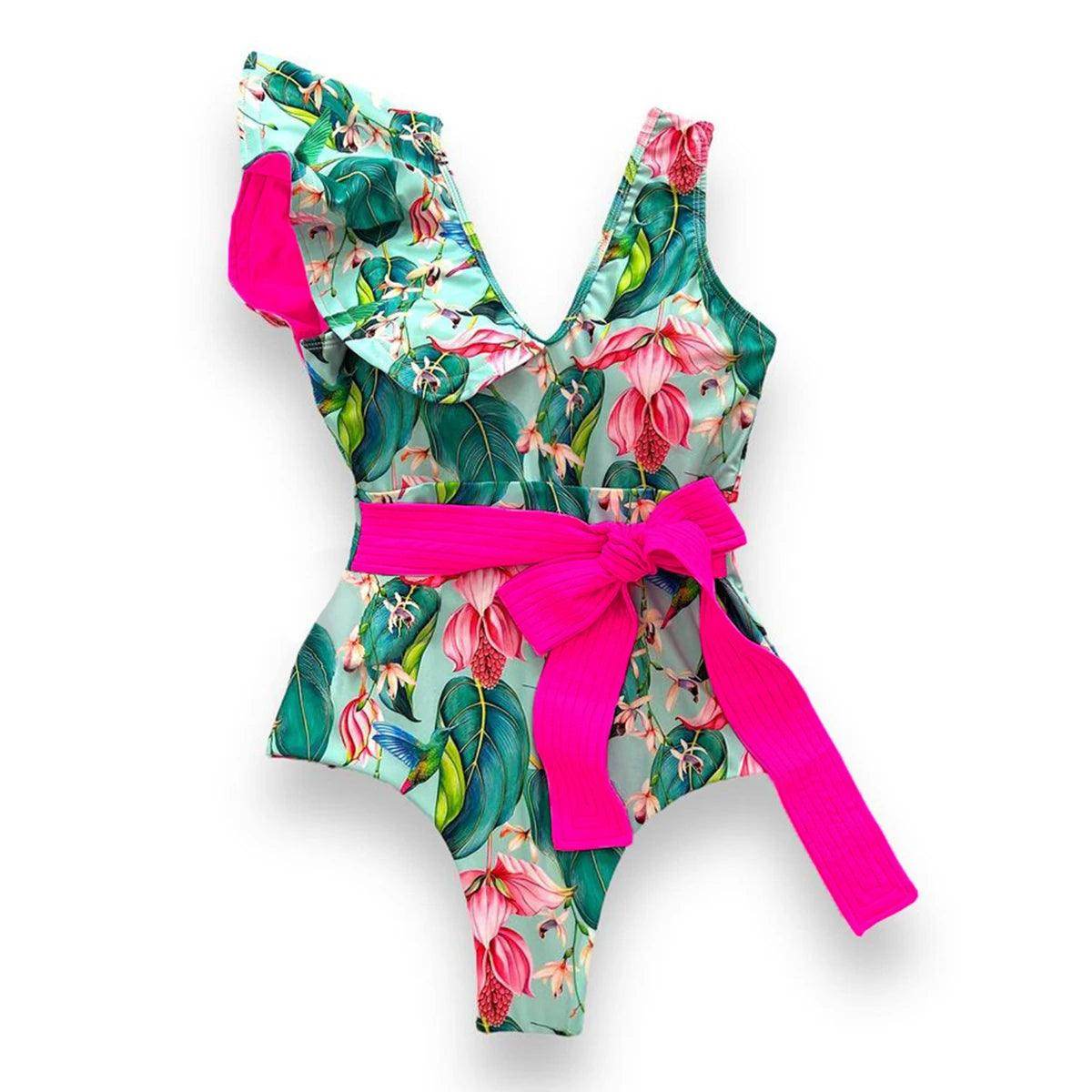 Ruffle Print Floral One Piece Slimming Swimwear - VacationGrabs