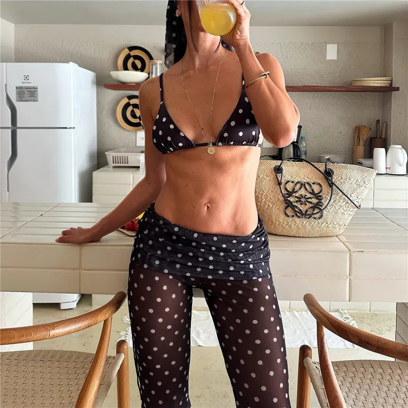 VacationGrabs Womens 4 Piece Polka Dot Bikini Set Sheer Mesh Flare Pants Headband Triangle Swimsuit Beach Cover Up for Summer Vacation