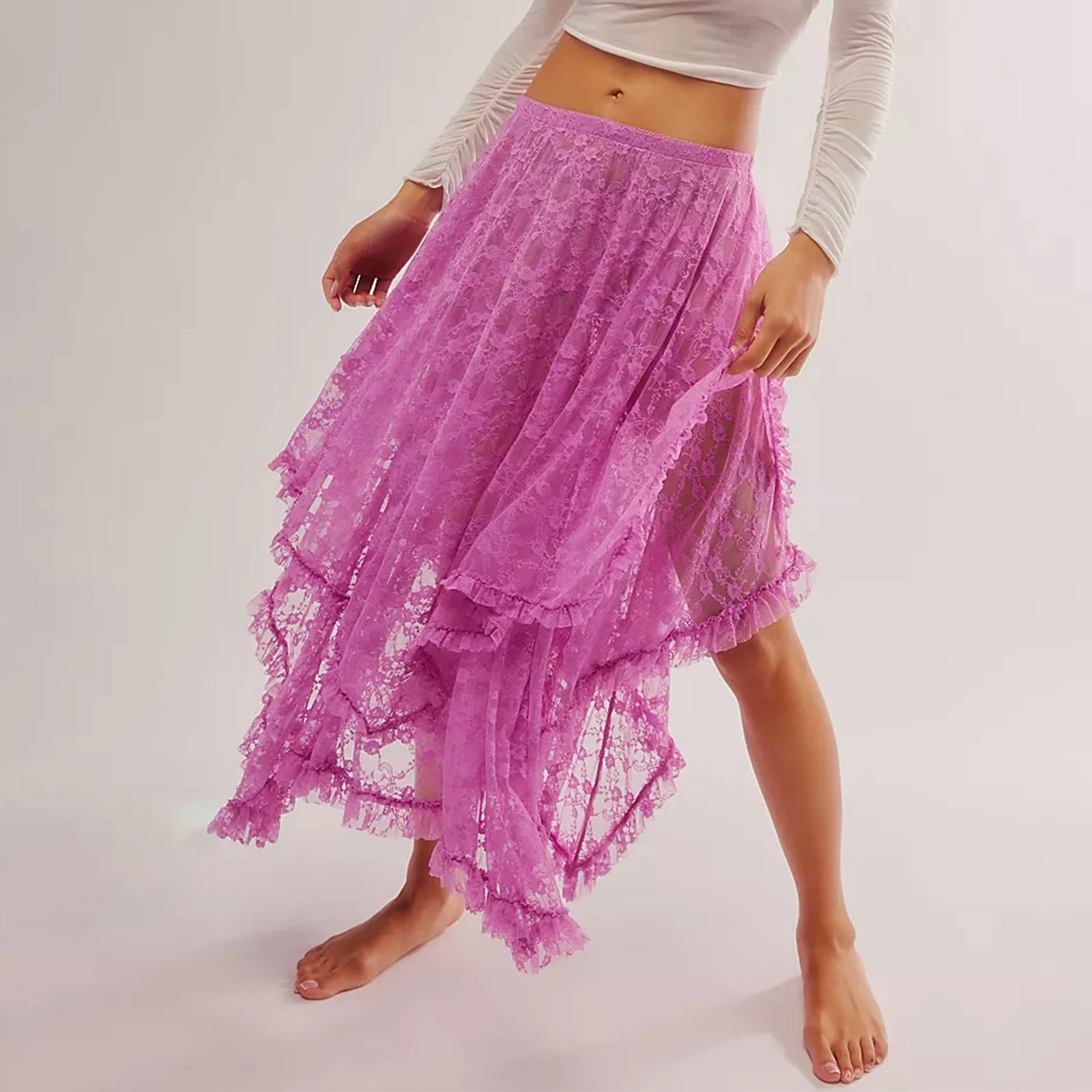 VacationGrabs Floral Lace Long Skirt for Women Y2K Elastic Waist Asymmetrical Layered Maxi Skirt Sexy See Through Flowy Beach Skirt