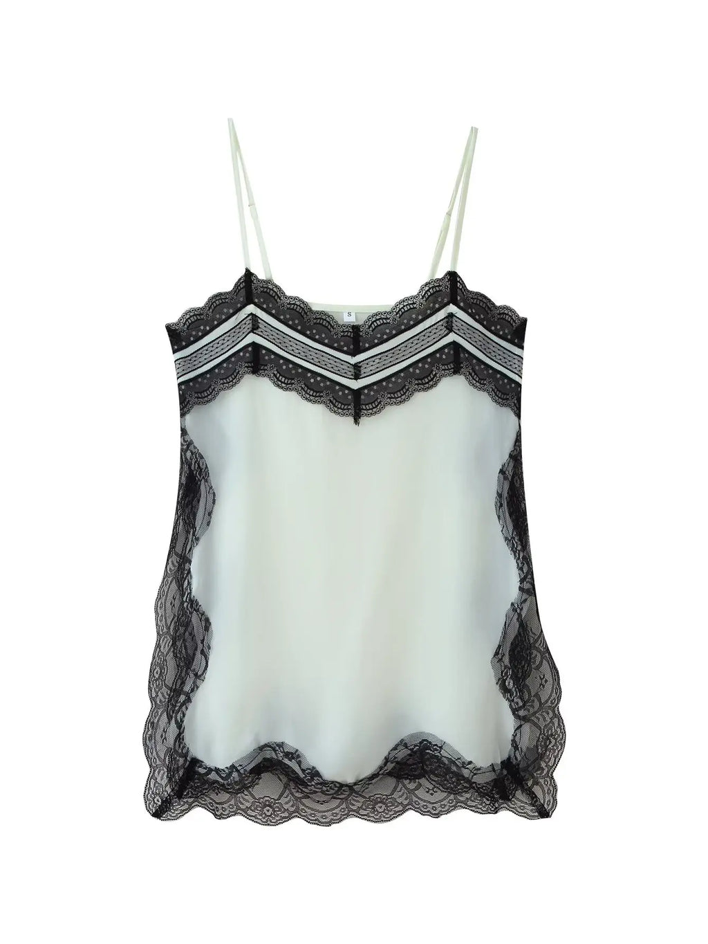 VacationGrabs Women Lace Trim Satin High Low Tops Silk Spaghetti Strap Side Split Asymmetrical Cami Top Flowy Silky Layering Tops