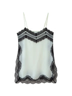 VacationGrabs Women Lace Trim Satin High Low Tops Silk Spaghetti Strap Side Split Asymmetrical Cami Top Flowy Silky Layering Tops