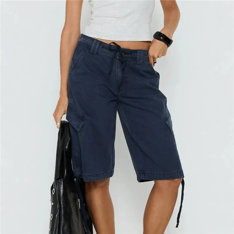 VacationGrabs Women's Y2K Low Waist Cargo Bermuda Shorts Drawstring Tie Hem Knee Length Pants with Pockets Casual Loose Fit Streetwear