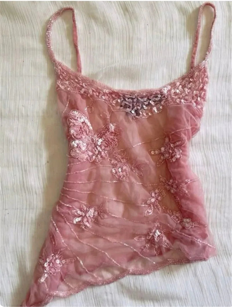 VacationGrabs Sexy Sequin Slim Fit Irregular Strap Tank Crop Tops Versatile Sexy Hot Girl Summer Mesh See Through Sleeveless Tee Shirt