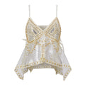 VacationGrabs Women Y2K Sequin Mesh Tank Top Glitter Floral Embroidered Cami Crop Top Coquette Sleeveless Backless Rhinestone Camisole