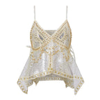 VacationGrabs Women Y2K Sequin Mesh Tank Top Glitter Floral Embroidered Cami Crop Top Coquette Sleeveless Backless Rhinestone Camisole