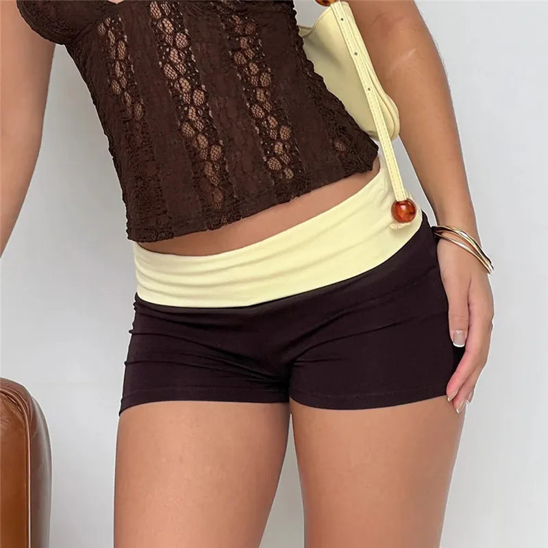 VacationGrabs Color Block Biker Shorts for Women Low Waist Fold Over Waistband Slim Fit Booty Shorts Streetwear Aesthetic Casual Pants