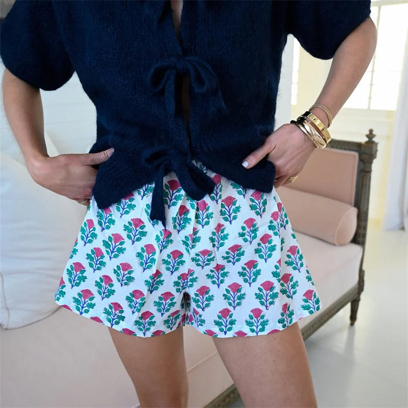 VacationGrabs Women's Summer Casual Shorts Stripe Floral/Stripe Animal Print Elastic Waist Straight Leg Loose Short Pants