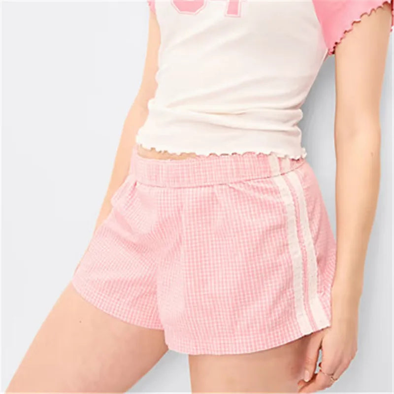 VacationGrabs Cute Women Plaid Sleep Shorts Elastic Waist Side Lace Trim Loose Casual Short Pants Summer Holiday Beach Lounge Wear