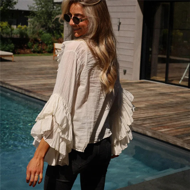 VacationGrabs Elegant Women Ruffle Sheer Blouse Casual Loose V Neck Long Sleeve Shirts for Spring Summer Vintage Streetwear