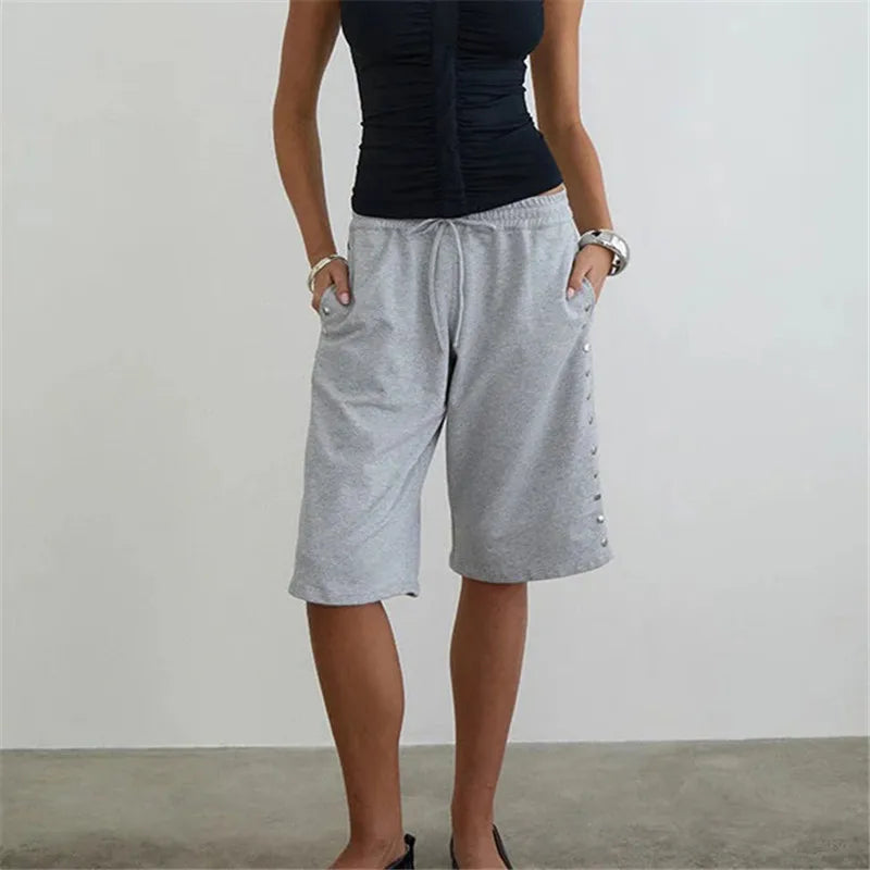 VacationGrabs Women's Knee Length Sweat Shorts with Side Snap Buttons Drawstring Waist Casual Loose Fit Summer Y2K Streetwear