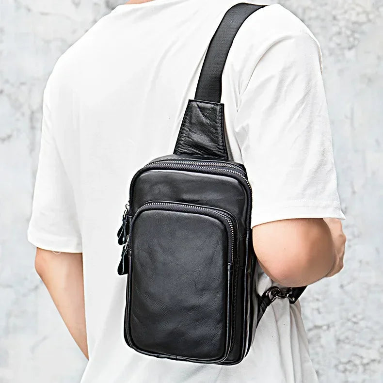 Mens Chest Bag 100% Genuine Leather Crossbody Pack
