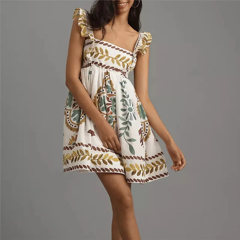 Women's Summer Mini A-Line Dress Ruffle Sleeveless Square Neck Short Flowy Dress Vintage Bohemian Beach Holiday Dress