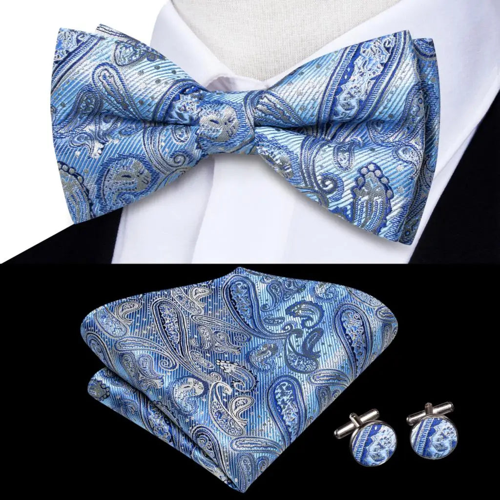 Men's blue bow tie silk set with matching pocket square and cufflinks