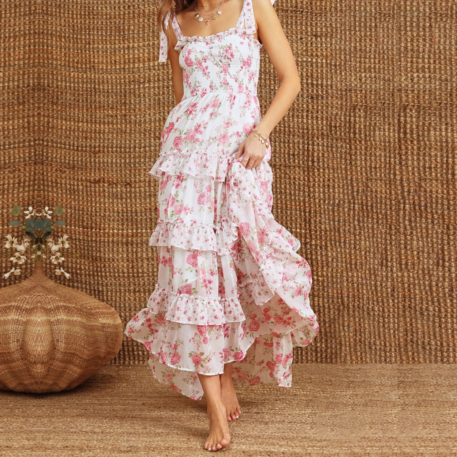 Floral Tie Shoulder Boho Maxi Dress for Women Y2k Spaghetti Strap Smocked Flowy Long Dress Summer Holiday Beach Sundress