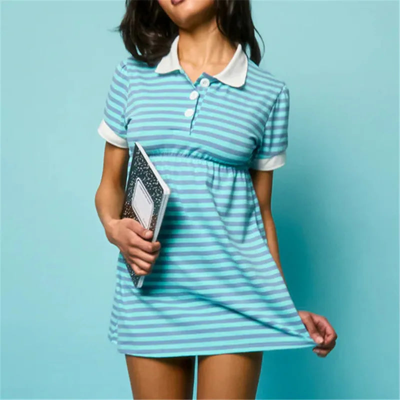 Women Y2K Preppy Striped Turn Down Collar Dress Short Sleeve Color Block A Line Mini Dress Vacation Summer Casual Streetwear