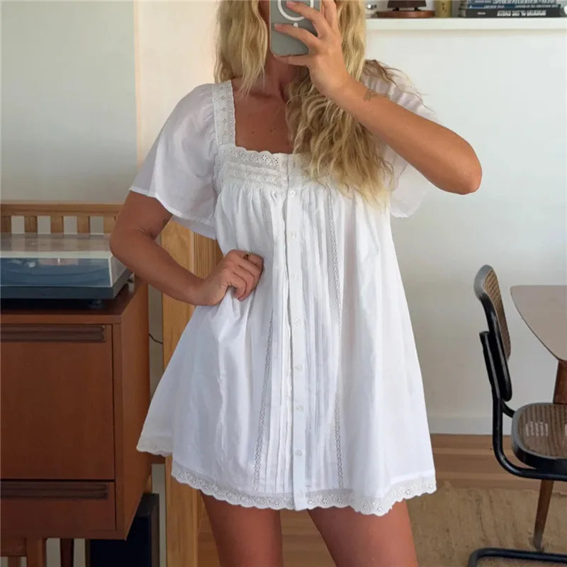 VacationGrabs Square Neck Eyelet Lace Mini Dress Women Flutter Short Sleeve Front Button Pleated Loose Babydoll Summer Vacation Dress